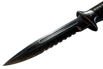Sharp black knife with serrated edge on transparent background