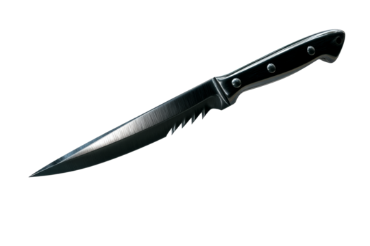 Sharp kitchen knife with serrated edge on transparent background