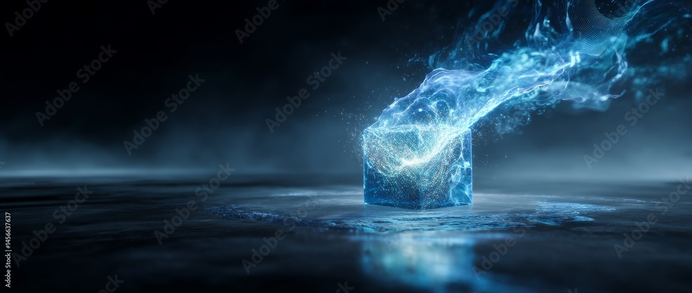 Poster a blockchain cube with abstract background and copy space is shown