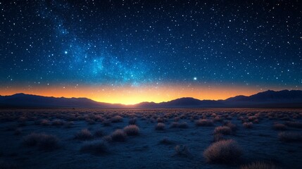 Fototapeta premium Vibrant sunrise over a desert landscape under a breathtaking starry night sky.