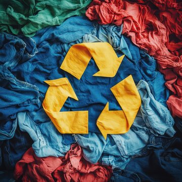 Overhead Shot of Colorful Used Clothing with Yellow Recycle Symbol Promoting Sustainable Fashion and Textile Recycling