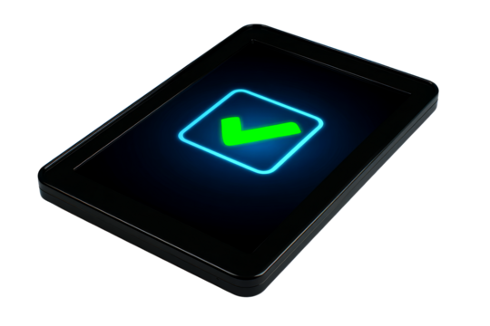 Digital confirmation symbol on a tablet with a transparent background