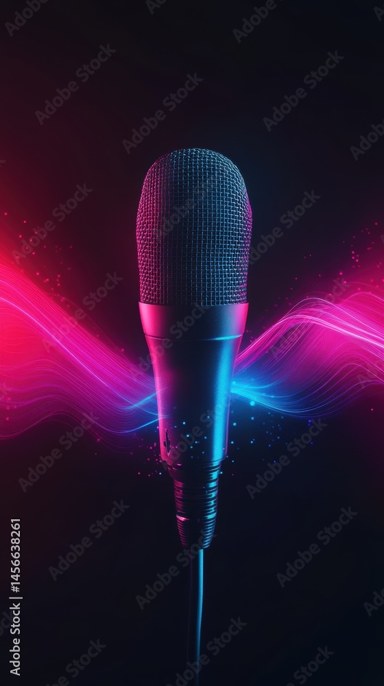Poster studio microphone close up shot with neon light waves on black background for music recording and pe