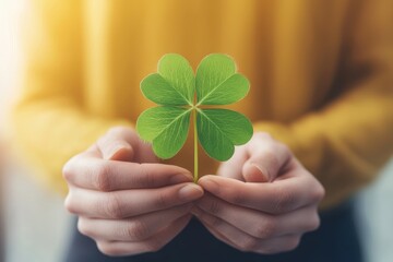Hands Holding Green Four-Leaf Clover Plant Symbol of Luck and Hope