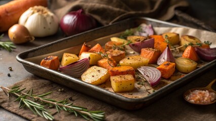 Roasted Root Vegetable Tray Bake Autumnal Colors and Spices, Fall Harvest Recipe, Food Photography Fall Harvest, Root Vegetables