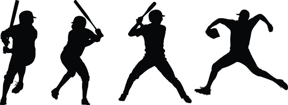 Baseball Silhouette Action Players, Dynamic Baseball Player Silhouette Poses