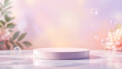 Pastel pink podium with flowers and bubbles. Perfect for product display or cosmetic presentation.