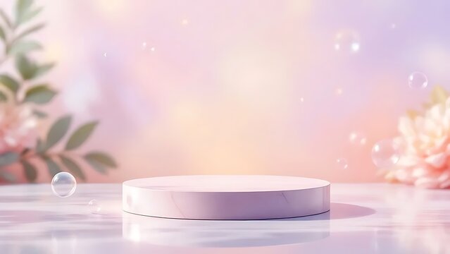 Pastel pink podium with flowers and bubbles. Perfect for product display or cosmetic presentation.