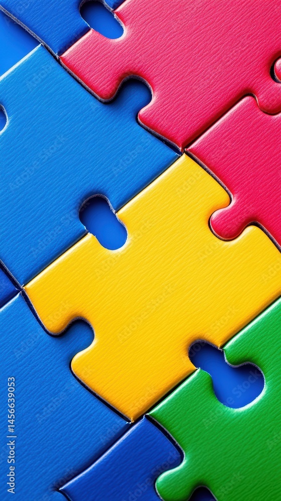 Poster Colorful Puzzle Pieces Forming a Pattern of Unity and Interconnection in Bright Primary Colors