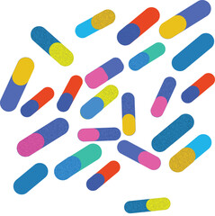 pills and capsules isolated on white background, Colorful Capsule Medicine Vector ,Brightly colored capsule pills in a scattered layout, representing medical, pharmaceutical, or healthcare concepts