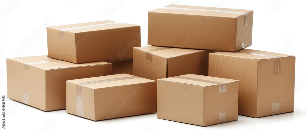 Poster Stack of Brown Cardboard Boxes on White Background Studio Shot for Moving Shipping or Storage Concept