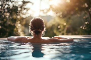 Woman relaxing in pool under sunlight