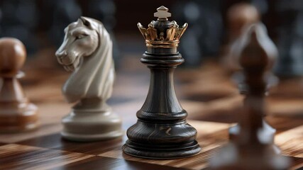Elegant king chess piece with a golden crown alongside chess pieces on a wooden chessboard, strategy game