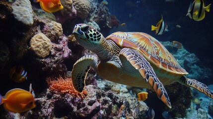 Fototapeta premium turtle with group of colorful fish and sea animals with colorful coral underwater in ocean.