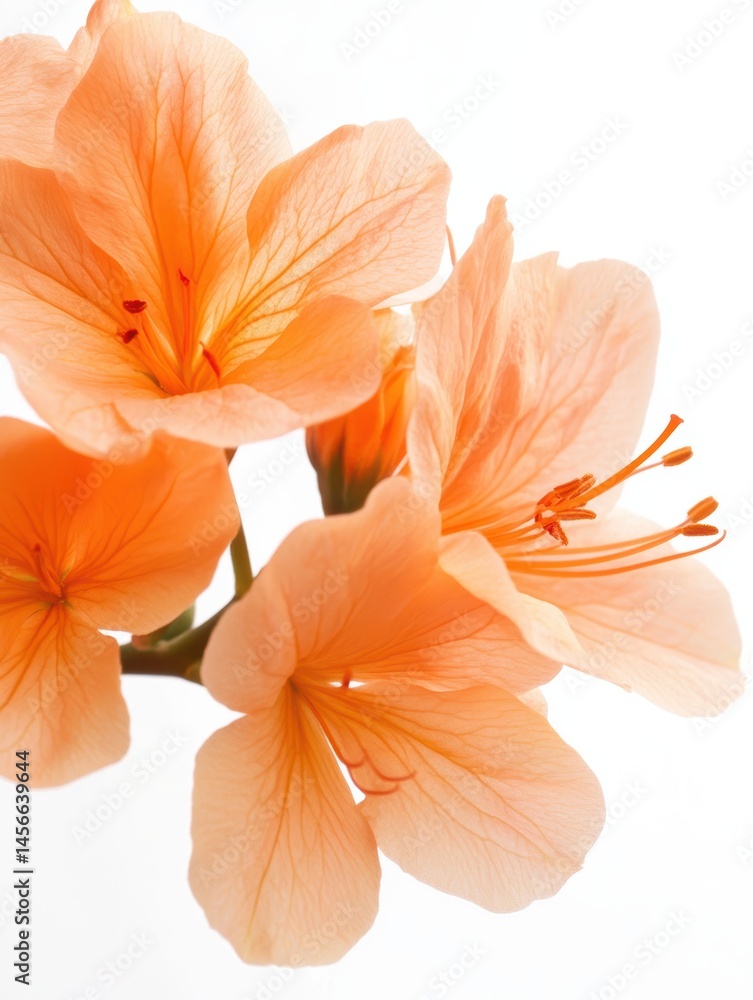 Poster peach colored geranium flowers blooming in studio shot on white background close up macro view of pe