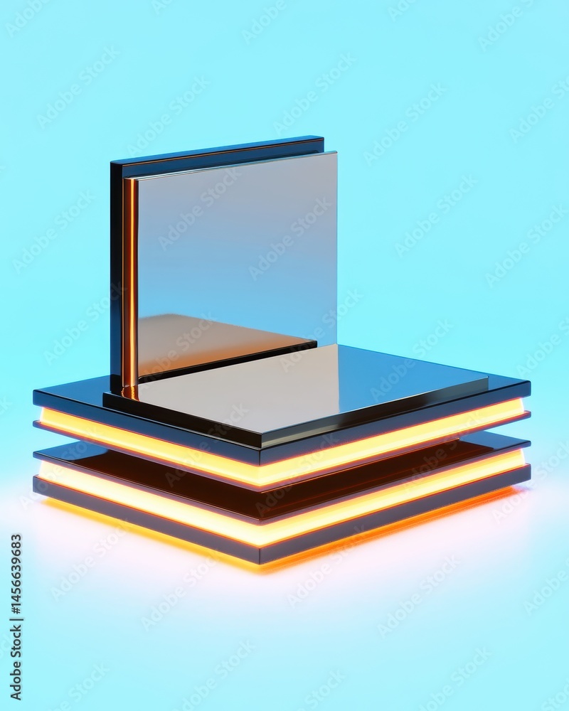 Aufkleber Abstract Geometric Composition with Mirror and Light Emitting Layers on Light Blue Background Studio Shot