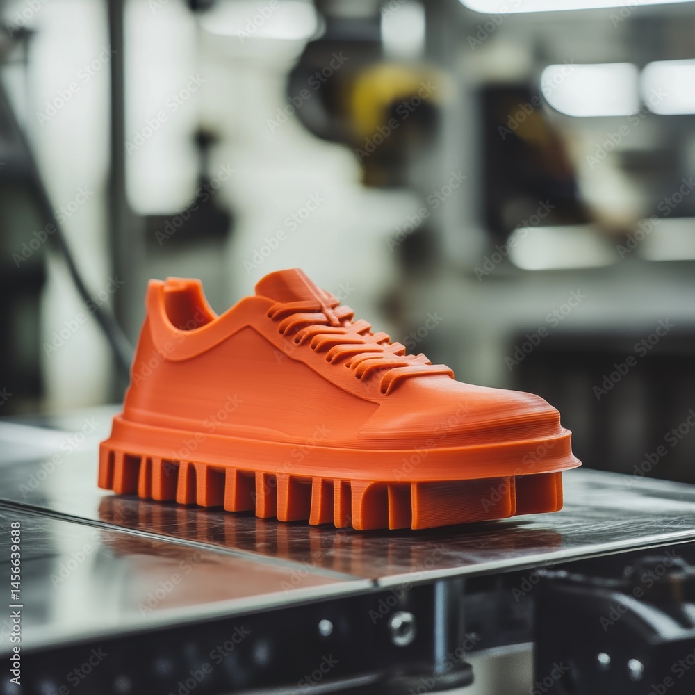 Poster close-up of orange 3d printed sneaker on metal surface in manufacturing setting; eye-level view of i