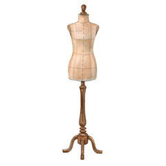 A mannequin made of fabric on a wooden stand in a female form. Watercolor illustration of vintage-style sewing workshop equipment. Reworking things. Suitable for seamstresses, ateliers, blogs.