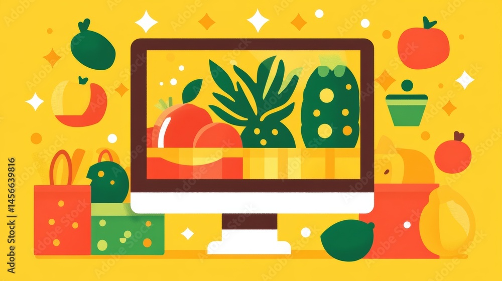 Poster vibrant still life featuring computer display and playful fruit illustration