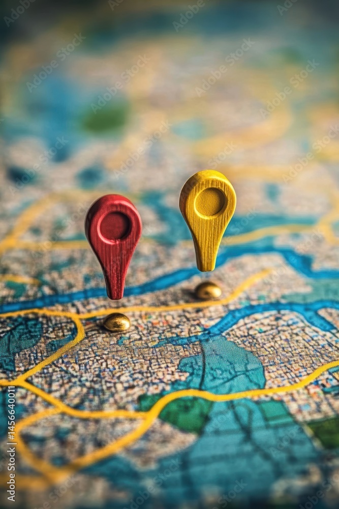 Poster red and yellow location pins on a detailed map showing travel destinations and routes