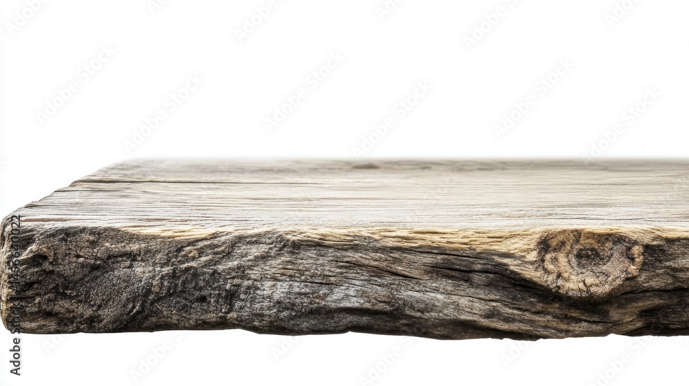 Aufkleber rustic wooden shelf display low angle on white background for product placement or food photography 