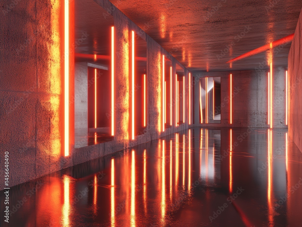 Poster abstract interior view of concrete hallway with orange neon lights and reflections on wet floor mode