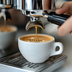 Coffee brewing close up showing espresso being poured into a white cup from commercial machine