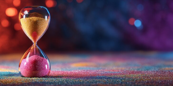 The hourglass boasts a colourful and vibrant appearance, incorporating a surreal design that symbolizes the urgency and relentless passage of time