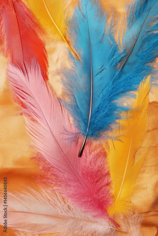 Poster colorful feathers laying flat on textured background macro close up abstract still life composition