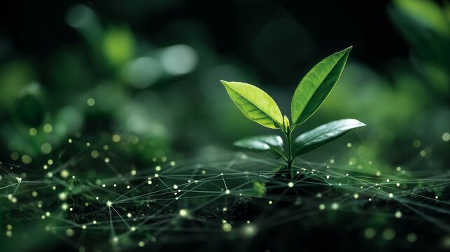 An abstract illustration highlights blockchain's potential to advance sustainability and environmental conservation, featuring a green digital globe and interconnected networks