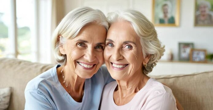 Two smiling senior women with gray hair embrace on a beige couch in a bright living room setting This heartwarming close-up video shows genuine affection and connection