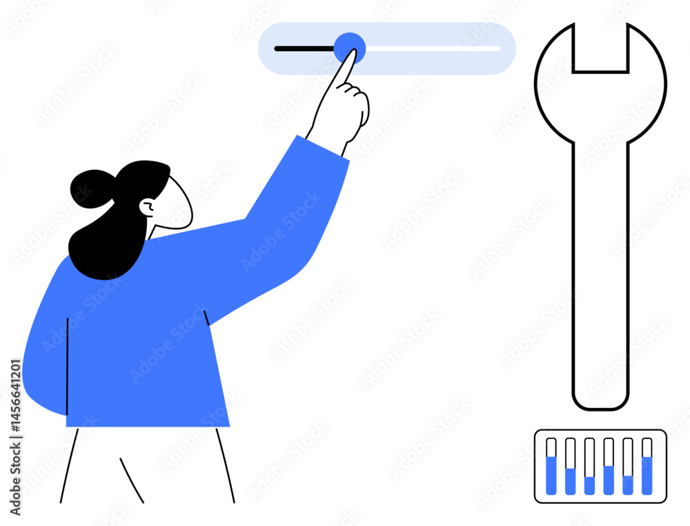 Poster woman interacting with control slider, a wrench, and settings panel. ideal for optimization, customi