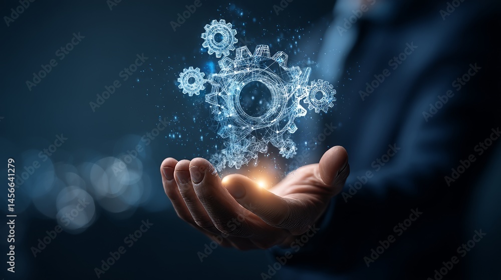 Poster an entrepreneur is grasping virtual cogs linked by lines, symbolizing the automation of corporate op