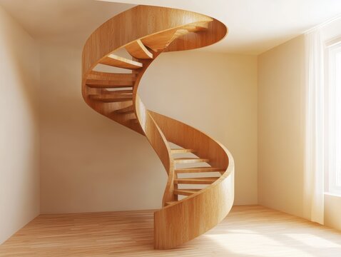 Interior view of modern wooden spiral staircase design in residential house architecture with natural light - Powered by Adobe