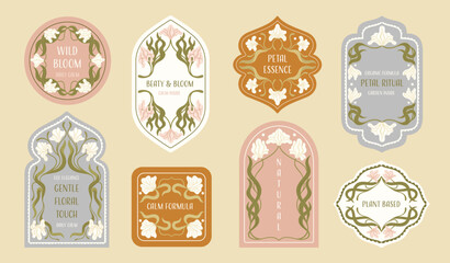 Editable Cosmetic Tags with Floral Design. Art Nouveau Inspired Botanical Labels. Vector.