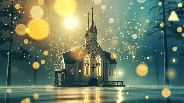 This modern church with glowing elements and a serene aura amidst a forest setting.