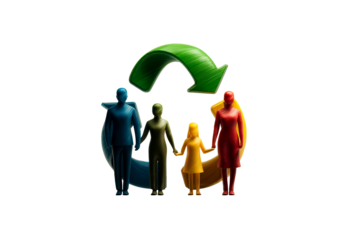 Figures holding hands in a circular recycling symbol design