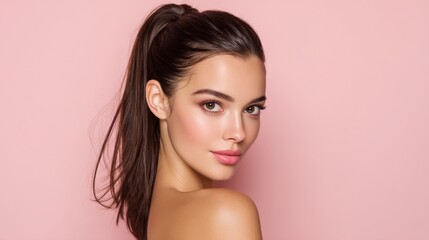 A stunning young woman is shown in profile with radiant and healthy-looking skin after completing her morning beauty and cosmetic routine