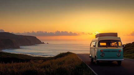 Vintage camper van journey along seaside highway, diffused sunlight eliminating harsh shadows for perfectly even, tranquil illumination