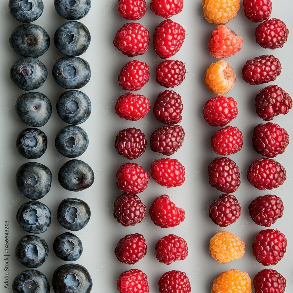Poster flat lay of fresh blueberries and raspberries in rows on light gray background overhead shot healthy