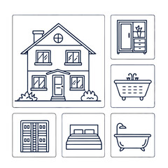 Real estate line icons, such as house, kitchen, bedroom, bathroom and more. Editable stroke.