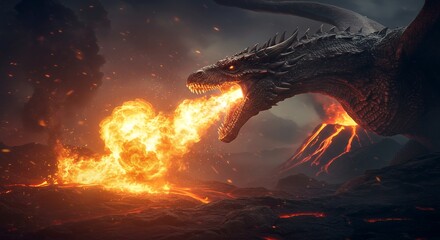 Dragon Breathing Fire in Volcanic Landscape