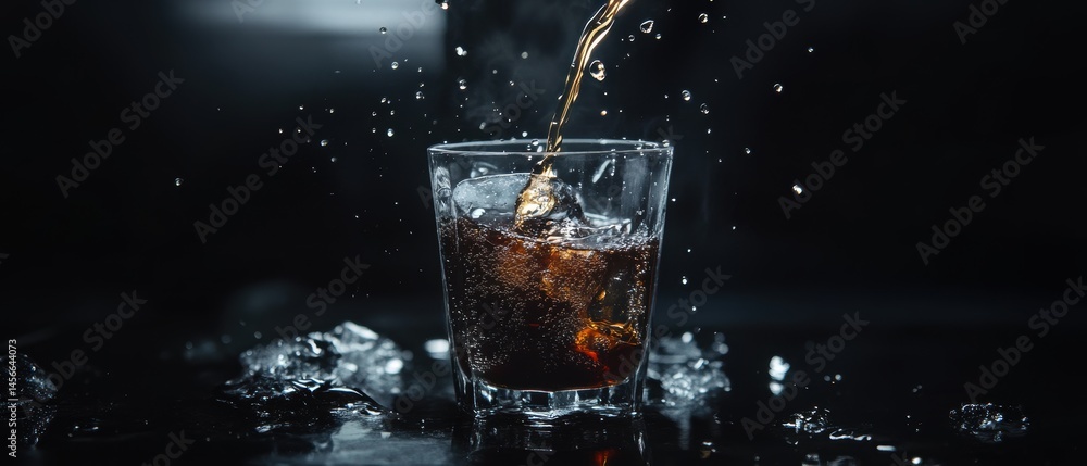 Poster pouring refreshing cola into glass with ice cubes in studio shot with dynamic water splashes and con