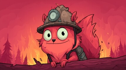 Cute red squirrel in miner helmet with headlamp, cartoon style, forest fire background, rescue animal, firefighting concept, adventure illustration, children book character.
