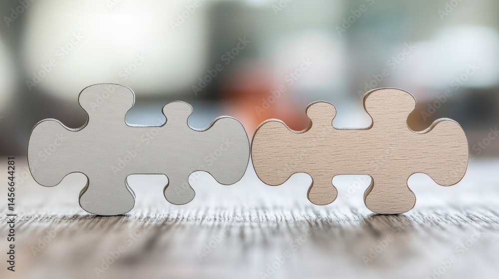 Poster Two Puzzle Pieces Connecting on Wooden Surface Macro Shot Symbolizing Teamwork and Problem Solving with Soft Focus Background