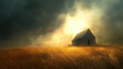 Lonely farmhouse in golden field under dramatic sky.