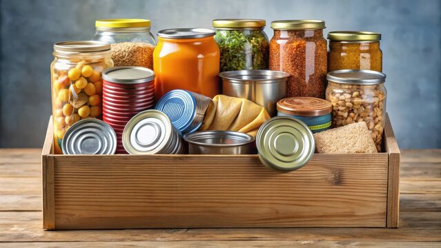 Food donations bin filled with various canned goods and non-perishable items such as dried fruits, energy bars and canned vegetables in a community setting, non perishable goods , relief supplies