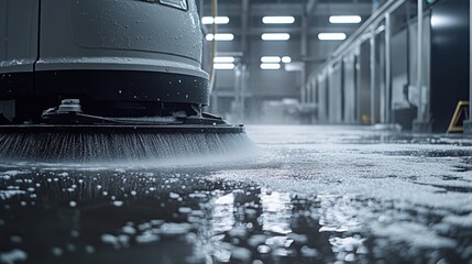 Industrial Floor Scrubber Cleaning Wet Concrete Surface in Factory Warehouse Low Angle Perspective