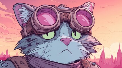 Steampunk cat with goggles in a fantasy cityscape at sunset. Cartoon style, detailed fur, expressive face, pink sky, futuristic background.
