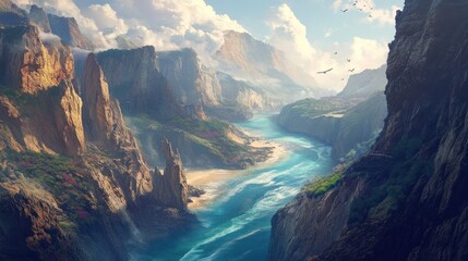 Fototapeta premium Stunning vista of a majestic canyon, lush vegetation, and a flowing river winding through dramatic cliffs. Birds soar in the clear sky above